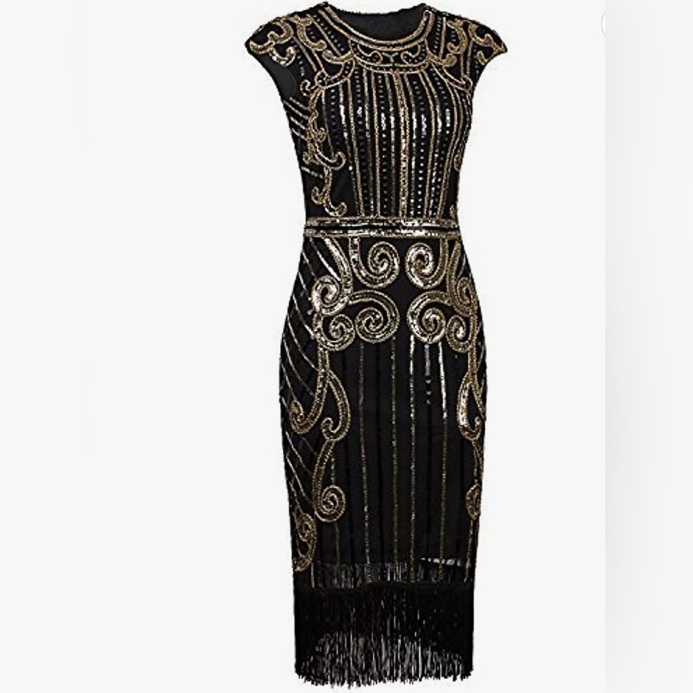 1920’s Vintage Dress Sequin Embellished Fringe Long Gatsby Flapper Dress